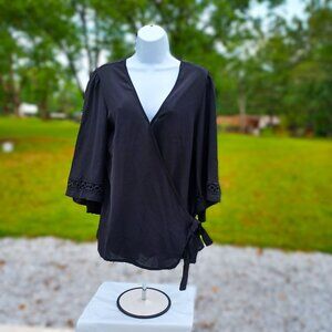 Black Wrap-Style Blouse With Tie Waist & Lace Trim Sleeves Sister Chic M